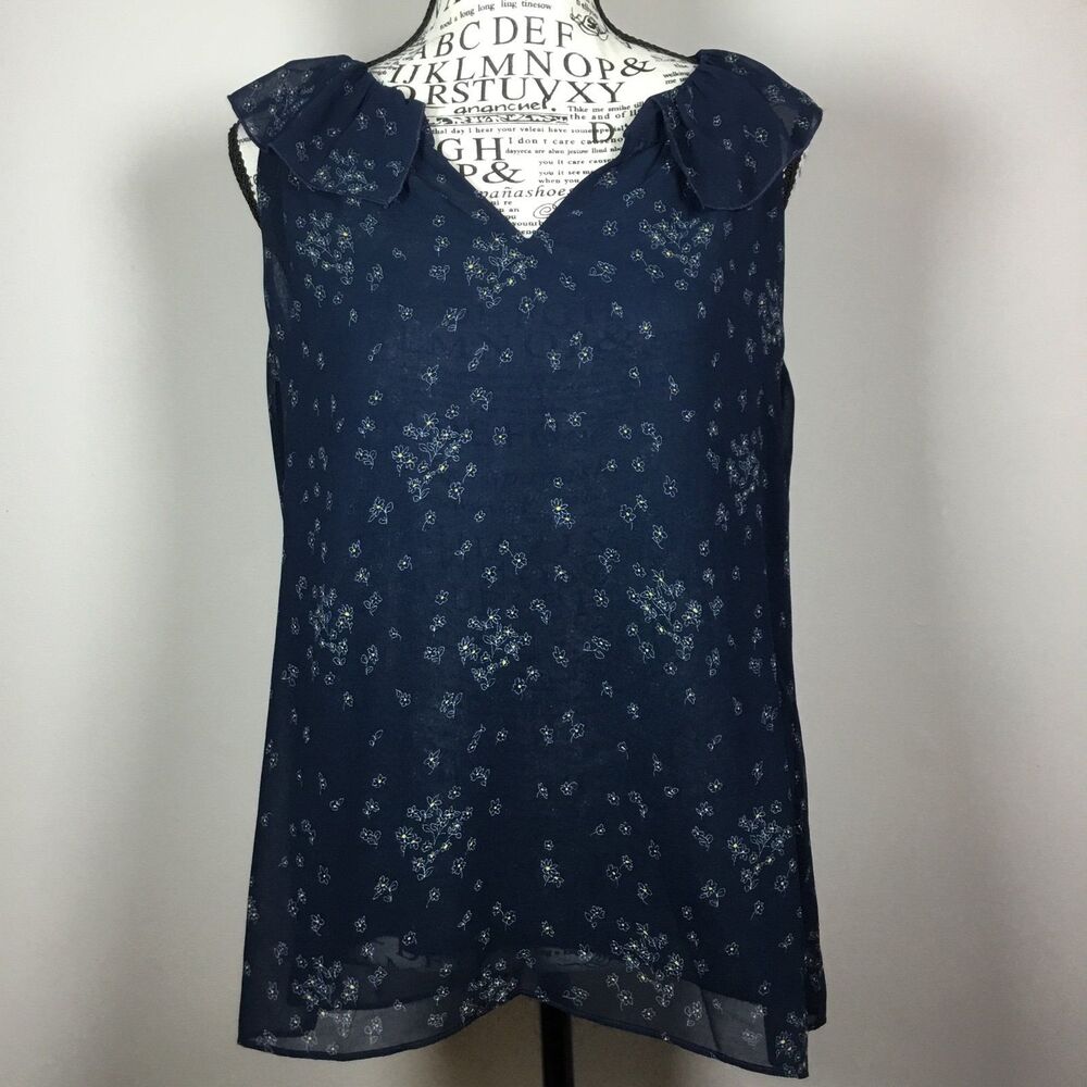 Navy blue sleeveless blouse tiny flower pattern feminine floaty lined fairy M